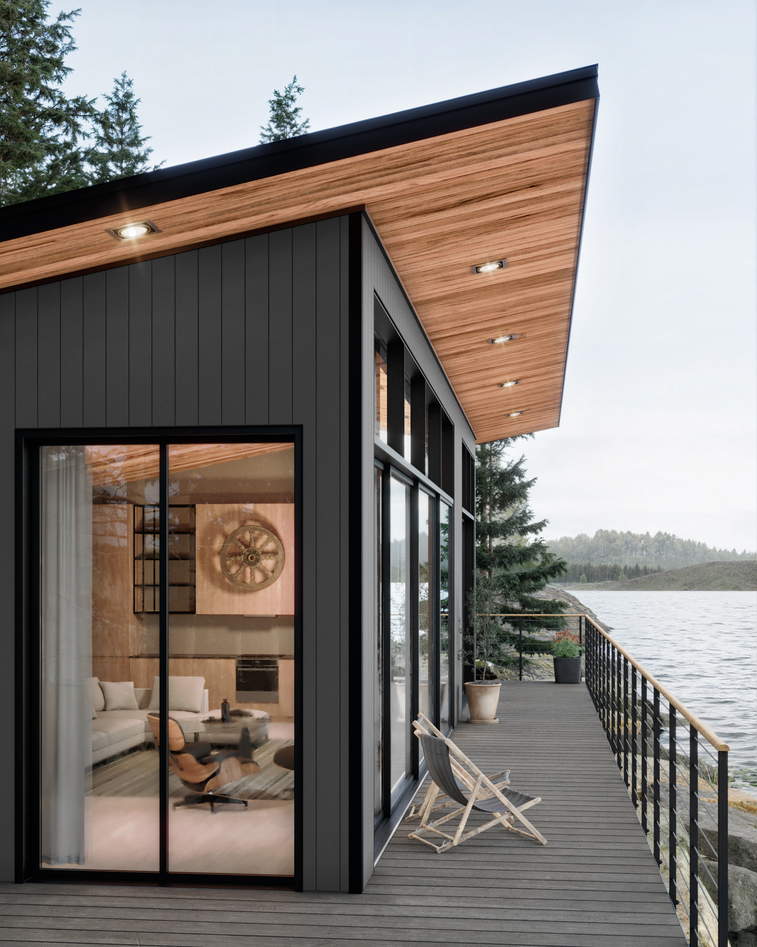 Authentic woodgrain design used as soffit and interior accent wall