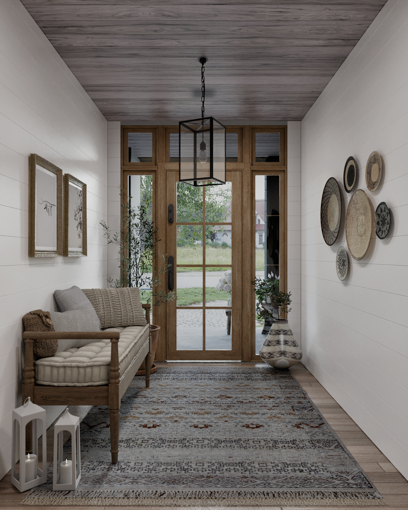 Interior accent wall in glacier white and ceiling in washed maple